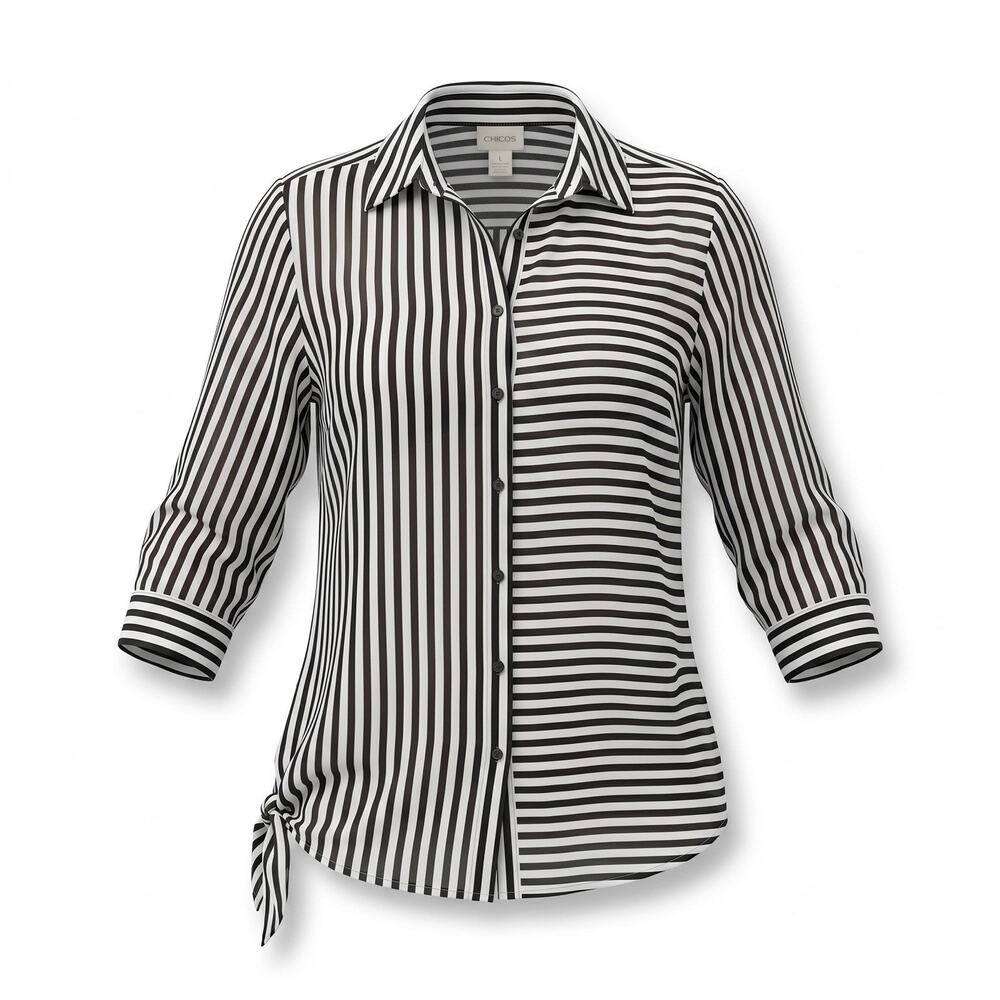 Chico’s Sheer Mixed Stripe Button Up Blouse Women’s 0 Black White Side Tie Shirt
